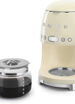 Smeg 50's Retro Style Aesthetic Drip Coffee Machine with 10 Cup Glass Carafe, Auto Start Feature, Keep Warm Plate, and Two Coffee Strength Settings (Cream)