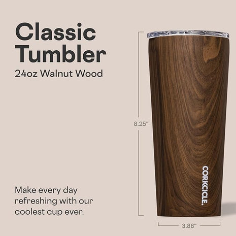 Corkcicle Classic Tumbler - Keeps Drinks Cold for 9 Hours & Hot for 3 - Triple-Insulated Stainless Steel - Holiday Tumbler Gift - 24 oz - Walnut Wood