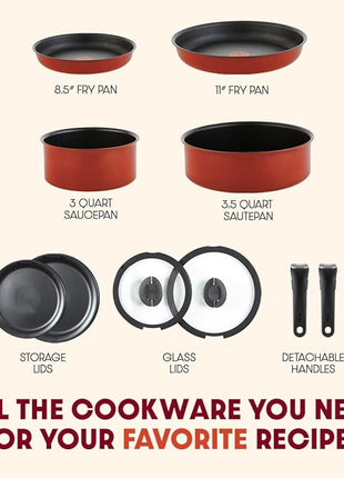 T-fal Ingenio Nonstick Cookware Set, Induction, Oven Broiler Safe 500F, Cookware, Pots and Pans, RV, Camping, Oven, Broil, Dishwasher Safe, Detachable Handle, Red (Pack of 20)