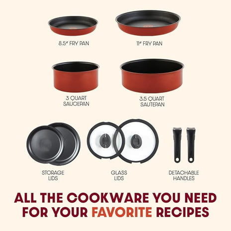 T-fal Ingenio Nonstick Cookware Set 10 Piece, Induction, Oven Broiler Safe 500F, Cookware, Pots and Pans, RV, Camping, Oven, Broil, Dishwasher Safe, Detachable Handle, Red