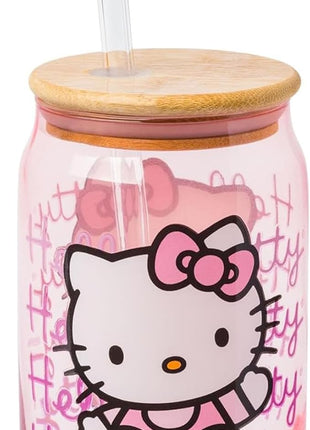 Silver Buffalo Sanrio Hello Kitty Waving Pink Glass Jar Tumbler with Bamboo Lid and Glass Straw, 16 Ounces