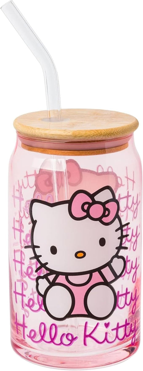 Silver Buffalo Sanrio Hello Kitty Waving Pink Glass Jar Tumbler with Bamboo Lid and Glass Straw, 16 Ounces