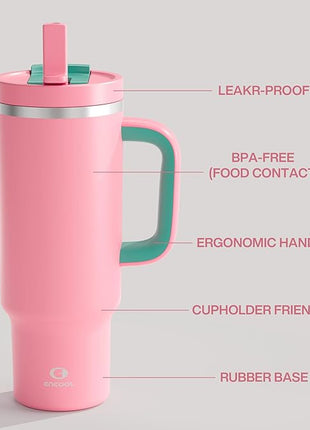 40 oz Tumbler with Handle and Straw: Stainless Steel Insulated Tumbler Keeps Cold for 24 Hours, Leakproof Travel Cup Fits in Cup Holder and BPA-Free,Tulip