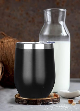 MEZMUT 12 Oz Insulated Wine Tumbler with Lid Double Wall Vacuum Stainless Steel Wine Glass Coffee Mug Insulated Tumbler Cup for Champaign, Cocktail, Beer (Black, 1 Pack)