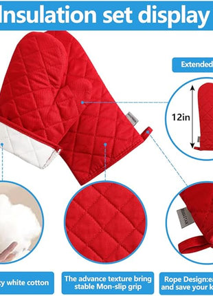 Oven Mitts and Pot Holders 4 pcs Set,High Heat Resistant 500 Degree Extra Thicken Long Kitchen Cotton Oven Glove for Cooking (12 Inch,Red)
