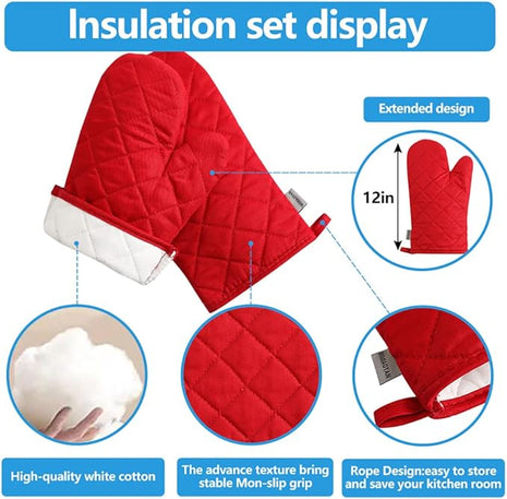Oven Mitts and Pot Holders 4 pcs Set,High Heat Resistant 500 Degree Extra Thicken Long Kitchen Cotton Oven Glove for Cooking (12 Inch,Red)