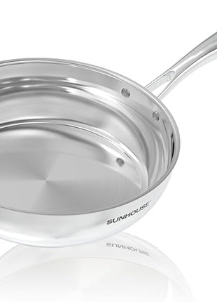 SUNHOUSE – 8 Inch / 20 cm Stainless Steel Frying Pan, Tri-Ply Stainless Steel Construction, PFOA-FREE, Stay-Cool Handle, Induction Compatible with All Cooktops, Dishwasher Safe