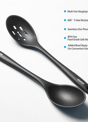 Silicone Spoons for Cooking - Extra Large Kitchen Spoons for Mixing, Serving, & Stirring - 600°F Heat-Resistant Non Stick Utensils Ladle - Dishwasher Safe, Solid,Black