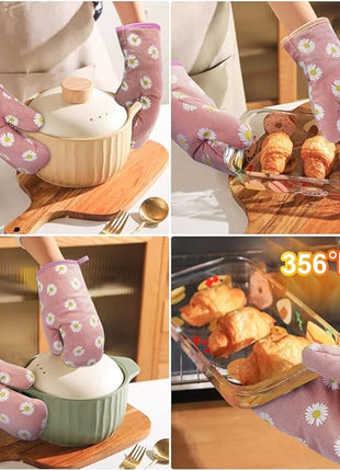 AUAUY Oven Mitts and Potholders, BBQ Gloves Heat Resistant, 1 Pair Oven Mitts and 2 Pot Holders, Cotton Non-Slip Cooking Gloves for Cooking Baking Kitchen Microwave Pizza(Daisy-Pink)