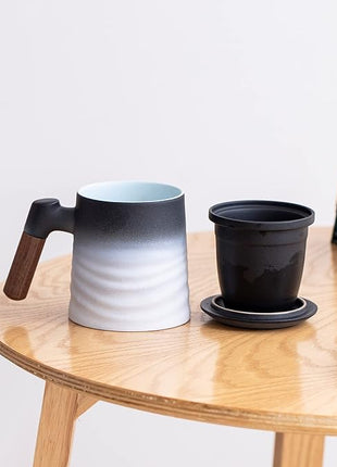 ZENS Tea Cup with Infuser and Lid, Wood Handle Loose Steeper Mug, 12 Ounces Matte Gradient Embossed Ceramic Stainer Mug for Tea Gifts, Black & White