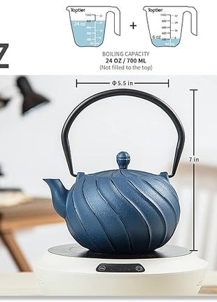 Tea Kettle, TOPTIER Japanese Cast Iron Teapot with Stainless Steel Infuser, Cast Iron Tea Kettle for Stove Top, Wave Design Teapot Coated with Enameled Interior for 30 Ounce (900 ml), Navy Blue