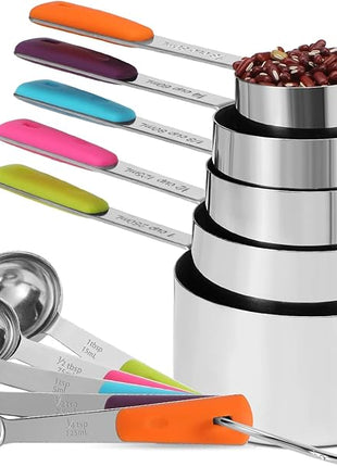 Measuring Cups and Spoons Set Stainless Steel 10 Piece for Cooking and Baking (5 Cups + 5 Spoons, Colorful Handles)