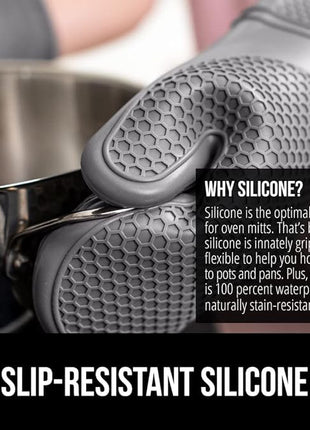 GORILLA GRIP BPA-Free Soft Silicone Oven Mitts, 14.5x8.3, Heat Resistant and Waterproof Cooking Gloves, Thick Cotton Lining, Flexible Gripping for Baking Grilling, Kitchen Potholders Set of 2, Gray