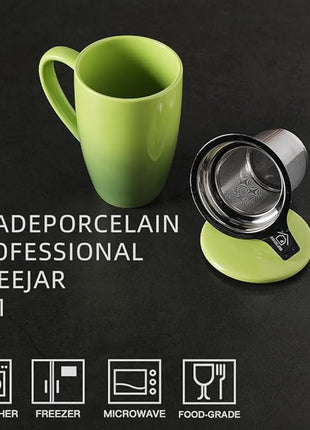 Sweejar Porcelain Tea Mug with Infuser and Lid,Teaware with Filter, Loose Leaf Tea Cup Steeper Maker, 16 Fl Oz for Tea/Coffee/Milk/Women/Office/Home/Gift (Gradient Green)