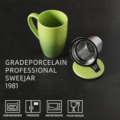 Sweejar Porcelain Tea Mug with Infuser and Lid,Teaware with Filter, Loose Leaf Tea Cup Steeper Maker, 16 Fl Oz for Tea/Coffee/Milk/Women/Office/Home/Gift (Gradient Green)