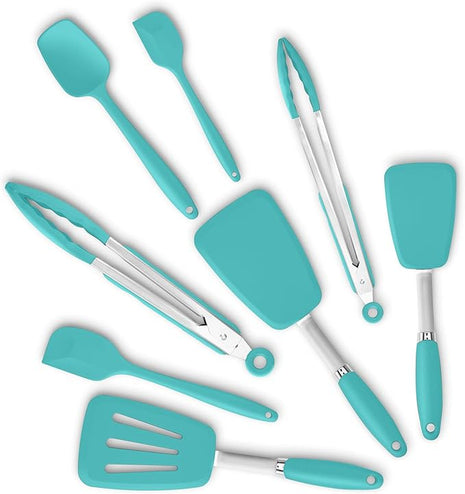 Silicone Spatulas Set Turners Tongs Cooking Utensils Set High Heat Resistant Kitchen Scraper Spatulas for Cooking Mixing Baking BPA Free Dishwasher Safe, Aqua Sky