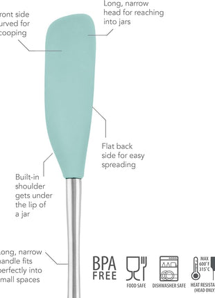 Tovolo Jar Spatula Silicone Long Stainless Steel Handle Spatula Aqua Seafoam Green, Jar Scraper Heat Resistant Dishwasher Safe BPA Free Kitchen Utensil for Scraping Spreading Jelly Peanut Butter