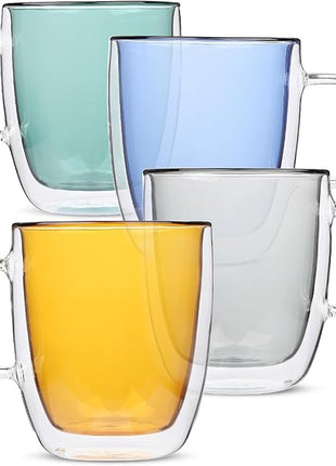 BTaT- Colored Double Walled Glass Coffee Mugs, Set of 4 (12oz, 350ml), Assorted Colors, Colorful Coffee Cups, Insulated Coffee Mug, Double Wall Glass Coffee Cups, Tea Cups