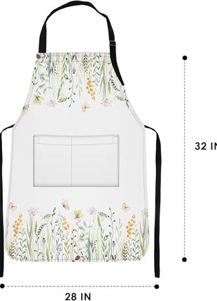 Britimes Floral Yellow Flowers Green Apron Home Kitchen Cooking Baking Gardening for Women Men with Pockets 32x28 inch