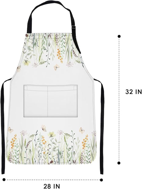 Britimes Floral Yellow Flowers Green Apron Home Kitchen Cooking Baking Gardening for Women Men with Pockets 32x28 inch