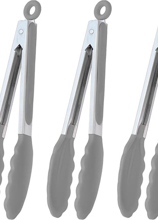 Locking Kitchen Tongs with Silicon Tips 9-Inch Stainless Steel Grilling Tongs, Set of 3 (Gray)