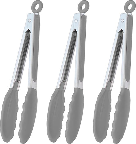 Locking Kitchen Tongs with Silicon Tips 9-Inch Stainless Steel Grilling Tongs, Set of 3 (Gray)