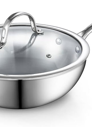 Cooks Standard Multi-Ply Clad Stainless Steel Wok Stir Fry Pan, 10.5 inch Induction Wok with Lid, Flat Bottom Wok, Silver