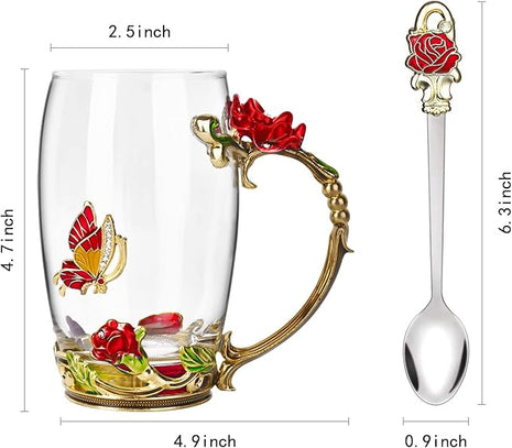 OEAGO Gifts for Women Mom Mothers Tea Cup Best Birthday Butterfly Rose Gifts for Her from Daughter Son Glass Coffee Christmas Enamels Mug Lead-Free with Spoon Set