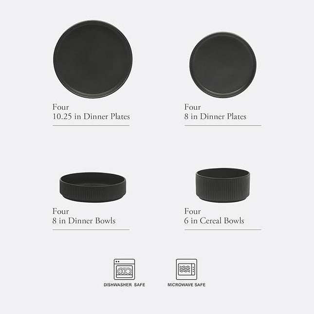 Gibson Elite Deerfield 16-Piece Stoneware Dinnerware Set – Matte Black Reactive Glaze Plates and Bowls, Stackable, Modern Design, Service for 4 – Microwave & Dishwasher Safe