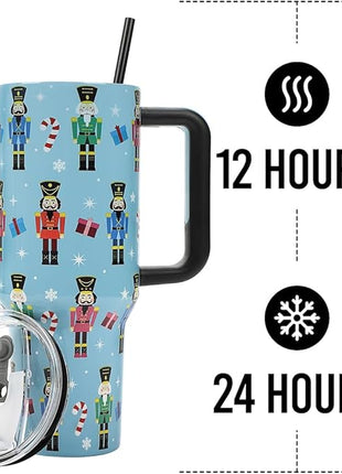 Bioworld Nutcrackers Vacuum Insulated 40 Oz. Stainless Steel Tumbler with Reusable Straw & Leak-Proof Lid, Easy Carry Handle for Travel or Home