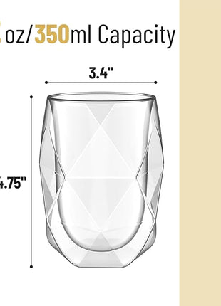 BTaT- Insulated Coffee Mug, Double Wall Glass, Diamond Shape, Set of 4 (12oz, 350ml), Coffee Cups, Tea Cups, Latte Mug, Christmas Gifts