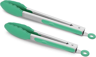 9-Inch & 12-Inch Premium Stainless Steel Food Tongs, Turquoise Silicone BPA Free Non-Stick BBQ Cooking Grilling Locking Kitchen Tong