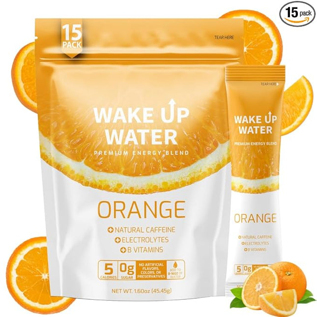 Wake Up Water - Energy + Hydration Sugar Free 15 Packs, Orange Flavor - Energy Drink Powder, Electrolytes Powder Drink, Natural Caffeine Mix Packet, B Vitamins, 5 Calories, Gluten Free - 1.60 oz (45.45g)
