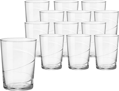Bormioli Rocco Bodega Swirl Gin Fizz Glasses - Set of 12, 17 Oz. Spiral Design Tumblers with Secure Edge Reinforced Rims - Ideal for Tall Cocktails, Beer, Soft Drinks - Made in Italy, Dishwasher Safe