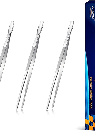 JETKONG 7 Inch Tweezers Tongs Mini Kitchen Food Tweezers Small Cooking Thin Tongs, Set of 3 (7 7 7 Inch, Silver)