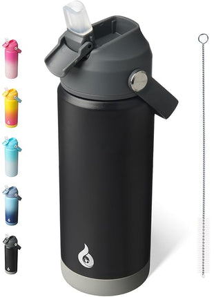 BJPKPK Insulated Water Bottle with Straw Lid, 18oz Thermo Water Bottles with Soft Nozzle, Flex Handle & Non-slip Boot, BPA Free Leak Proof Stainless Steel Metal Thermo, Tumblers, Cups,Black