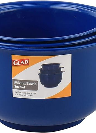 GLAD Mixing Bowls with Pour Spout, Set of 3 Nesting Design Saves Space Non-Slip, BPA Free, Dishwasher Safe Plastic Kitchen Cooking and Baking Supplies, Blue