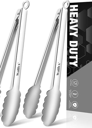 Walfos tongs for cooking, All Metal Kitchen Tongs 600℉ Heat Resistant, Heavy Duty Locking Tongs 2-piece 12 Inch