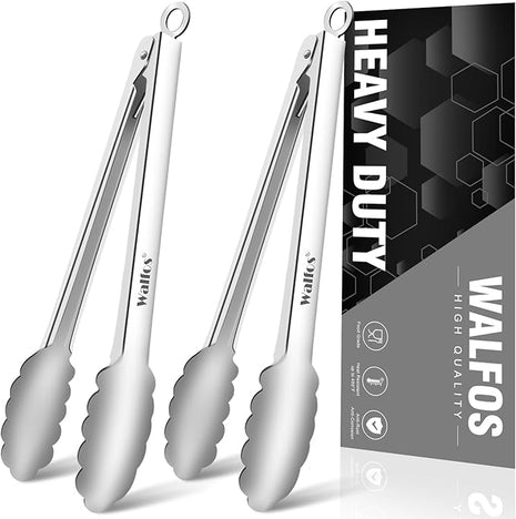 Walfos tongs for cooking, All Metal Kitchen Tongs 600℉ Heat Resistant, Heavy Duty Locking Tongs 2-piece 12 Inch