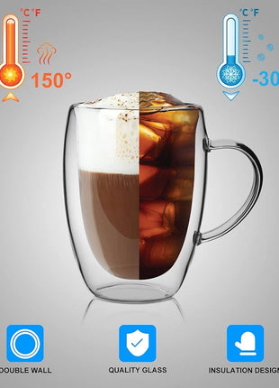 LIBWYS 2 Pack Double Walled Coffee Cups Glasses Mugs, 12oz Espresso Cappuccino Latte Tea Cups with Handle, Heat Resistant Borosilicate Clear Glasses 350ml