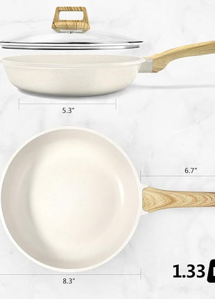 GiPP Nonstick Frying Pan Skillet with Lid - 8" White Granite Non Stick Pans, Omelette Pan with Heat-Resistant Handle, Compatible with All Stovetops, PFOA Free