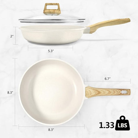 GiPP Nonstick Frying Pan Skillet with Lid - 8" White Granite Non Stick Pans, Omelette Pan with Heat-Resistant Handle, Compatible with All Stovetops, PFOA Free