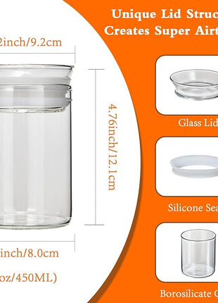 ZENS 15oz Glass Food Storage Jars Set of 3, Clear Glass Canisters with Airtight Lids, Small Container Spice Jars for Kitchen Herbs, Sugar, Blooming Tea, Candy