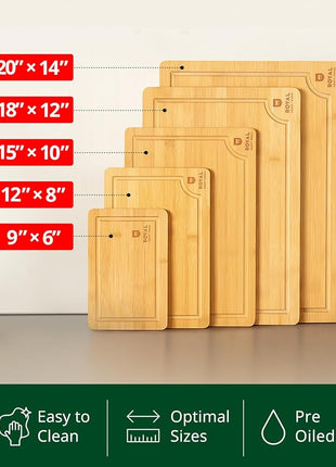 ROYAL CRAFT WOOD Wooden Cutting Boards for Kitchen Meal Prep & Serving - Bamboo Wood Serving Board Set with Deep Juice Groove Side Handles - Charcuterie & Chopping Butcher Block for Meat