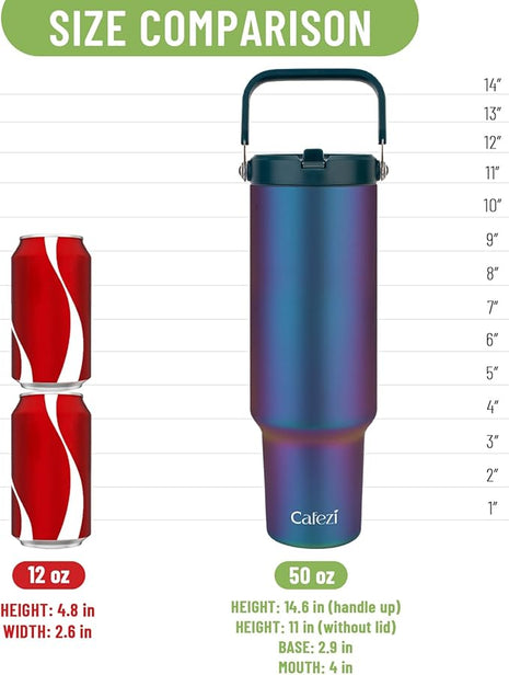 50 oz Tumbler with Handle, Stainless Steel Water Bottles with Flip Straw and Top Handle, Leak Proof, No Sweat, Cold for 30 Hours, Fits in Cup Holder, Vacuum Insulated Tumblers for Home, Office