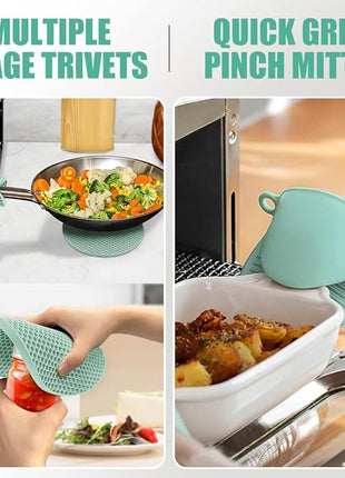 Rorecay 6pcs Oven Mitts and Pot Holders Sets Heat Resistant 500 Degrees, Extra Long Silicone Oven Gloves Non-Slip Potholders Hot Pads for Kitchen Baking Cooking, Quilted Liner, Bermuda Teal