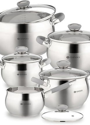 Daniks Modern 10-Piece Stainless Steel Induction Cookware Set – Dishwasher Safe Saucepan, Pots with Heatproof Handles, Glass Lids, Silver