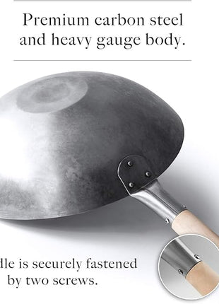 Mammafong Flat Bottom Carbon Steel Wok Pan - Authentic Hand Hammered Woks and Stir Fry Pans - 14" Pow Wok