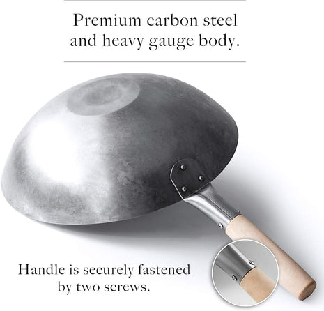 Mammafong Flat Bottom Carbon Steel Wok Pan - Authentic Hand Hammered Woks and Stir Fry Pans - 14" Pow Wok
