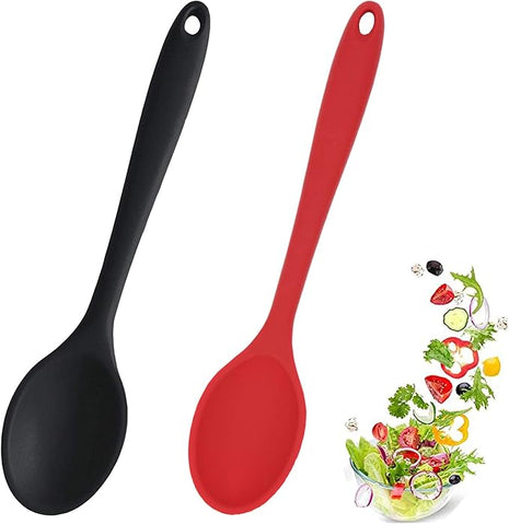 2 Pcs Silicone Spoons for Cooking Heat Resistant, Hygienic Design Cooking Utensi Mixing Spoons for Kitchen Cooking Baking Stirring Mixing Tools (Black and Red)